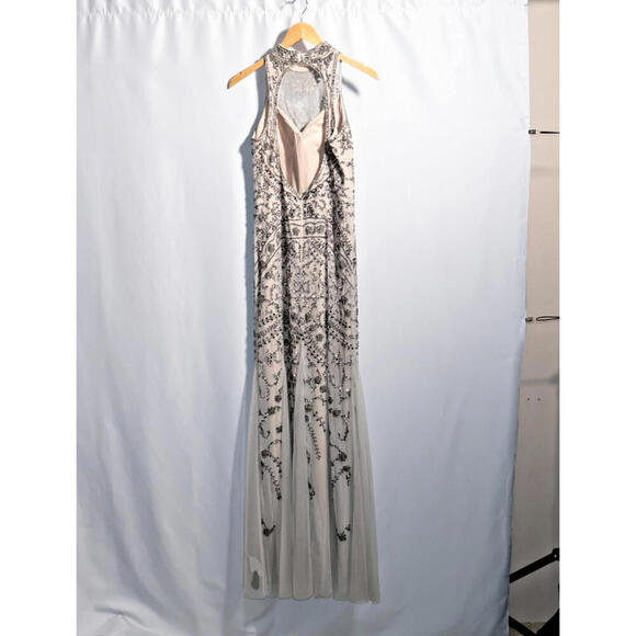 Aidan Mattox Beaded Mesh Godet Gown 8 NEW Blush Champagne Mock Neck Open Back - Picture 4 of 15